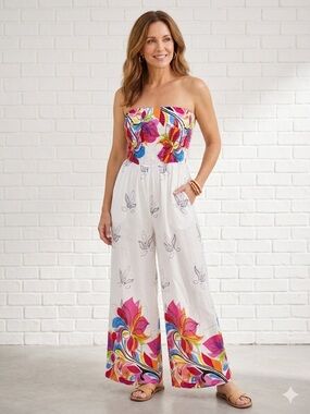 ULUWATU Strapless Wide Leg Jumpsuit Colorful  Floral Print Shirred Boho Artsy